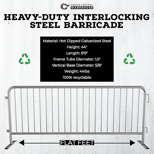 Angry Bull Barricades Metal Interlocking Steel Barricade (8.5 Ft. Heavy Duty, Flat Feet, Grey Powder Coated, Set of 20)