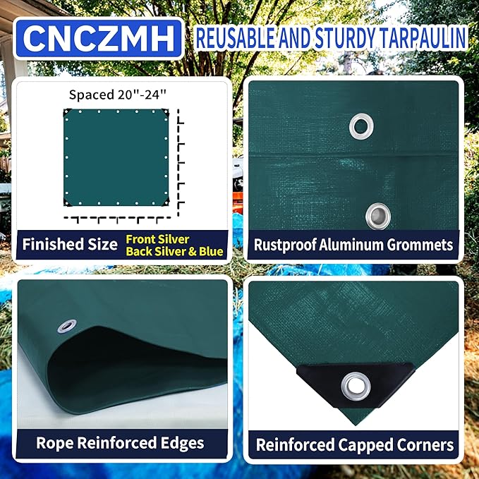 Heavy Duty Tarp Waterproof 12x20 Feet, 10 Mil Thick Green Poly Tarps Outdoor, Metal Grommets, Reinforced Edges, Multipurpose Tarpaulin Protective Cover for Camping, Boat, Swimming Pools, Car