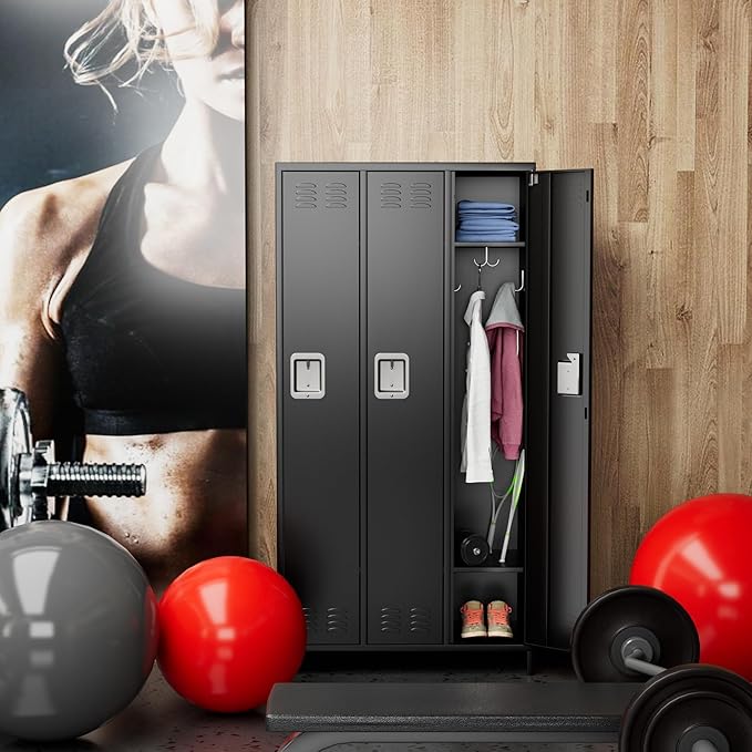 Metal Storage Locker with 3 Doors, Employee Lockers with 9 Hooks for Employees Home Office,Requires Assemble,Black
