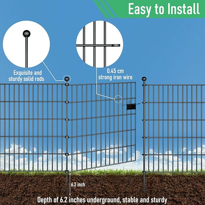 10 Panels Garden Fence Dog Fence Outdoor for Yard,32in H x 23.6ft L Rustproof Metal Fencing with Ground Stakes|No Dig Temporary Animal Proof Containment for Pets/Rabbits|Durable Patio Security Panels