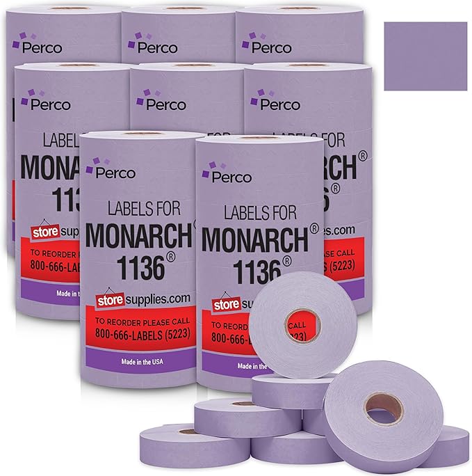 Perco Lavender Pricing Labels for Monarch 1136 Price Gun - Case of 8 Sleeves, 64 Rolls Value Pack - 112,000 Price Marking Labels - with Ink Rolls Included