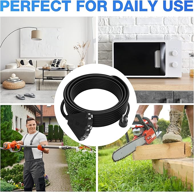 14/3 Gauge Heavy Duty Outdoor Extension Cord 30 FT, 90 Degree Angled 3 Prong Plug, 14 Gauge Power Cable with 3 Outlets, 14AWG, 15A, 125V, 1875W, ETL Listed, Black Wire, with Free Carrying Strap+Ties