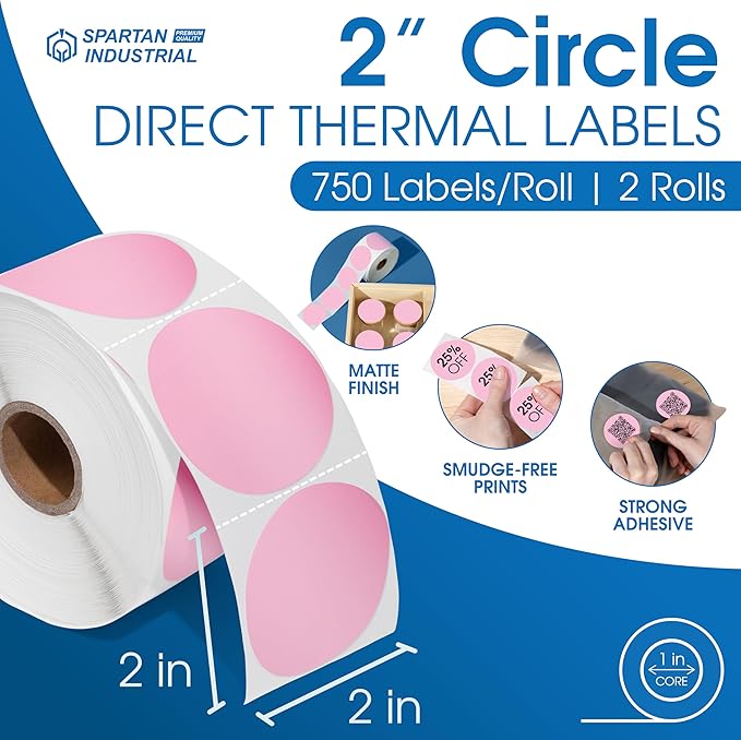 Spartan Industrial 2" Direct Thermal Pink Labels | Perforated Custom Circle Logo Stickers - Works with Rollo, Zebra, MUNBYN Desktop Printers - 2 Rolls, 750/Roll