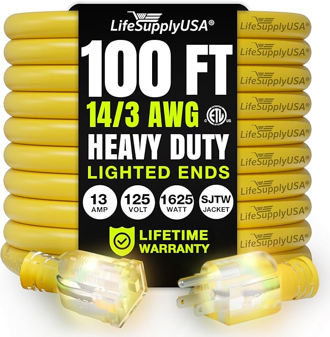 100ft Outdoor/Indoor Extension Cord 14/3 Gauge Heavy Duty 3 Prong SJTW, Waterproof, ETL Listed, Flexible Cold-Resistant Long Power Cord,13A 125V 1625W, Yellow by LifeSupplyUSA
