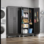 Garage Storage Cabinet with Wheels and 4 Shelves, Metal Broom Closet Storage Cabinet with Hanging Rod, Pegboard and 13 Hooks for Garage Home, Black, Assembly Required