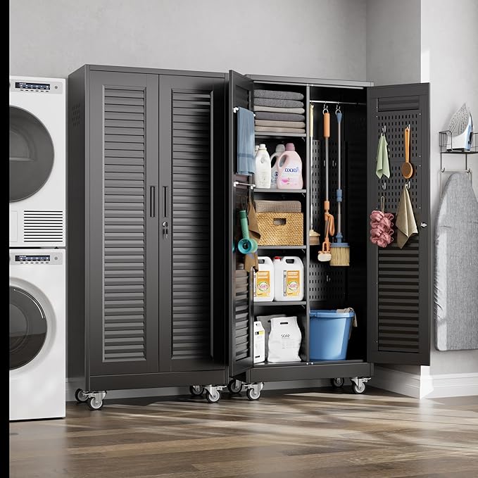 Garage Storage Cabinet with Wheels and 4 Shelves, Metal Broom Closet Storage Cabinet with Hanging Rod, Pegboard and 13 Hooks for Garage Home, Black, Assembly Required