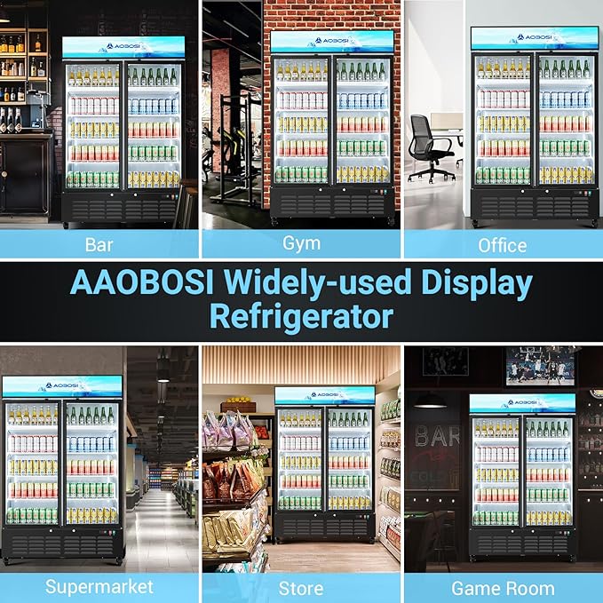 AAOBOSI Commercial Merchandiser Refrigerator,36.8 Cu.Ft Glass Door Display Refrigerator,Upright Beverage Cooler Fridge with Soft LED Light, Customizable Lightbox,Universal Casters, Adjustable Shelves