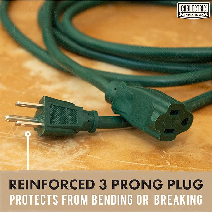 20 Foot Outdoor Extension Cord - 16/3 SJTW Green 16 Gauge Electrical Cable with 3 Prong Grounded Plug - Great for Powering Christmas Lights