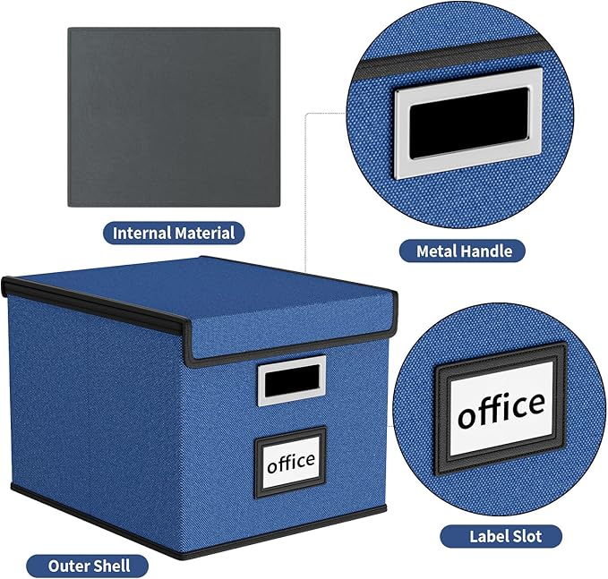 Huolewa Decorative File Organizer Boxes Office Document Storage with Lids, Portable Collapsible Linen Hanging Filing & Storage Boxes for Office/Decor/Home (Royal Blue) -14.9 x 12.7 x 10.8 inch -2 Pack
