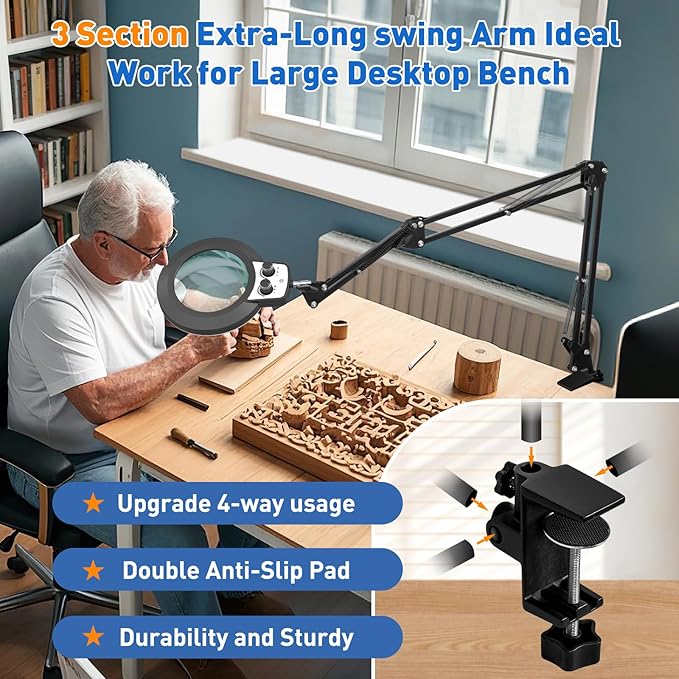 HITTI 12X Extra Long Magnifying Glass with Light, Upgrade Infinite Color and Brightness LED Desk Lamp with Clamp, Hands Free 3 Section Magnifier Light and Stand for Workbench Crafts Reading Painting
