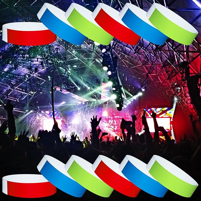 1200 Pcs Plastic Paper Wristbands for Events Neon Color Wrist Bands Concert Identification Wristbands Paper Bracelets Wristbands Party Hand Bands (Red, Fluorescent Green, Blue)
