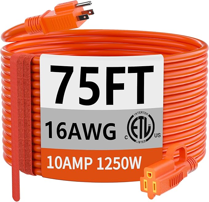 huanchain 75 Foot 16/3 Gauge Outdoor Extension Cord Waterproof, Flexible Cold-Resistant Appliance Extension Cable Outside, 10A 1250W 16AWG SJTW, 3 Prong Electric Cord Orange, ETL