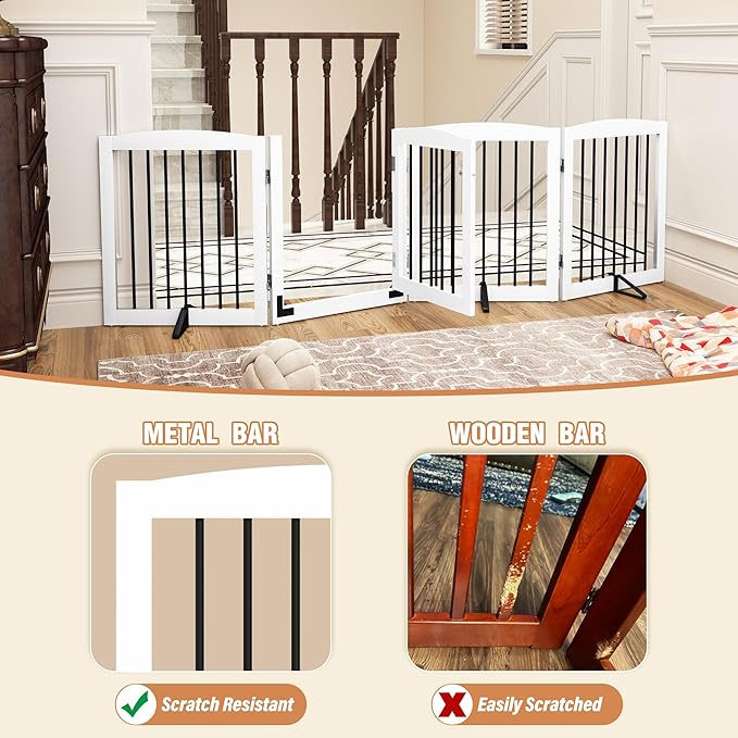 Freestanding Dog Gate with Door, Pet Gate for Stairs, 80 inch Wide Pet Barrier Indoor, Dog Fences Indoor, Support Feet Included, 4 Panels, 24" Tall, White & Black