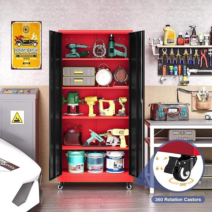 Metal Storage Cabinet with Wheels, Tall Garage Storage Cabinet with 4 Adjustable Shelves and 2 Doors, Lockable Tool Cabinet for Garage Home Office,Gym,School(Black-Red)