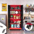 Metal Storage Cabinet with Wheels, Tall Garage Storage Cabinet with 4 Adjustable Shelves and 2 Doors, Lockable Tool Cabinet for Garage Home Office,Gym,School(Black-Red)