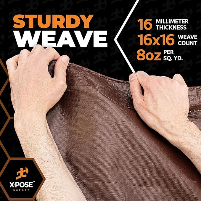 Super Heavy Duty Brown Poly Tarp 10' x 12' - Bulk Full Pallet (180 Pack) Thick Waterproof, UV Blocking Protective Cover - 16 Mil Thick Polyethylene - by Xpose Safety