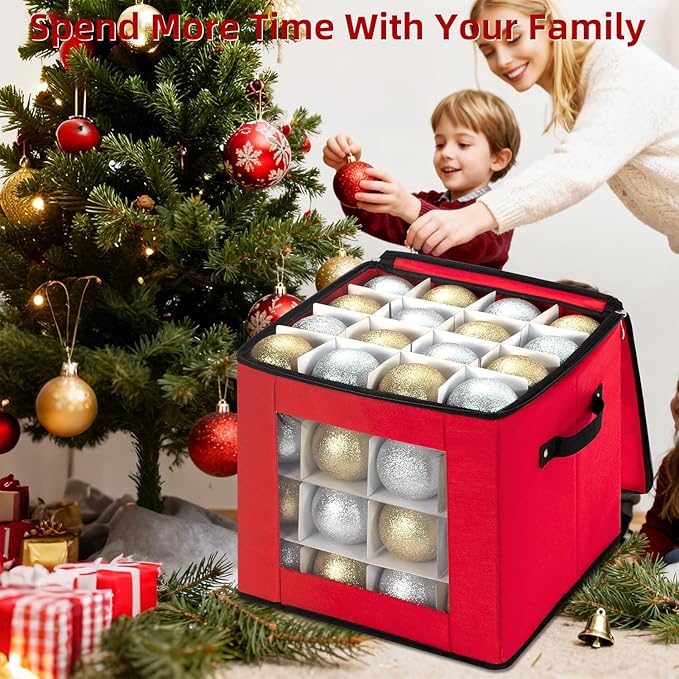 inin Christmas Ornament Storage Box with Adjustable Dividers,Christmas Ornaments Organizer with Zippered Top,Storage Container Bin for Holiday Decorations(64 Ball, Red, Without Tray)