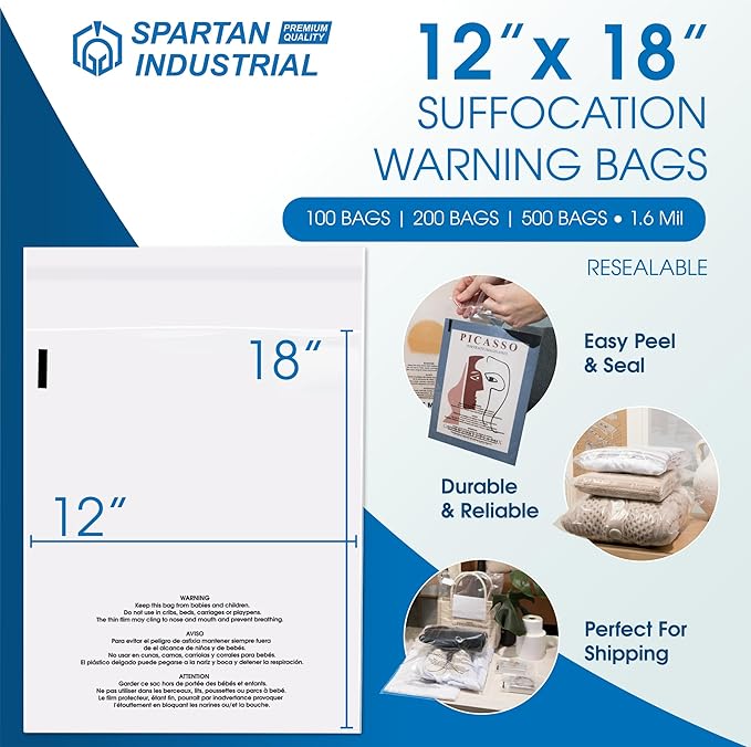 Spartan Industrial - 12” X 18” (200 Count) Self Seal Clear Poly Bags with Suffocation Warning for Packaging, T Shirts & Shipping - Resealable Glue