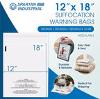 Spartan Industrial - 12” X 18” (200 Count) Self Seal Clear Poly Bags with Suffocation Warning for Packaging, T Shirts & Shipping - Resealable Glue