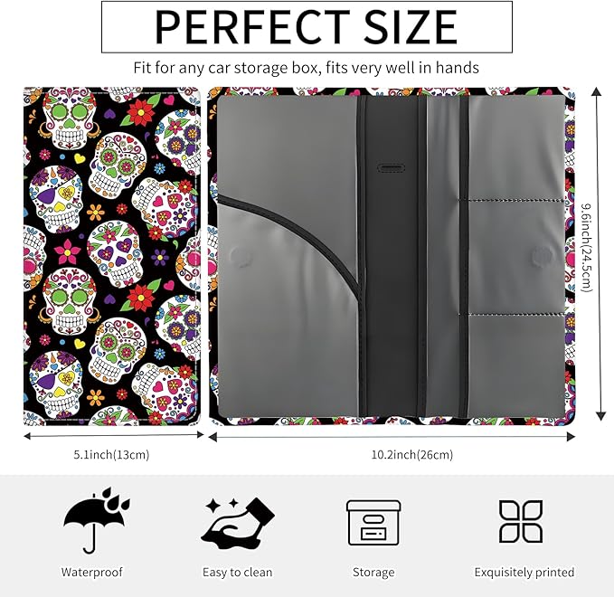 Premium Car Registration and Insurance Card Holder, Cute PU Leather Car Document Holder, Vehicle Glove Box Car Organizer with Magnetic Closure for Driver License, Cards Floral Skull