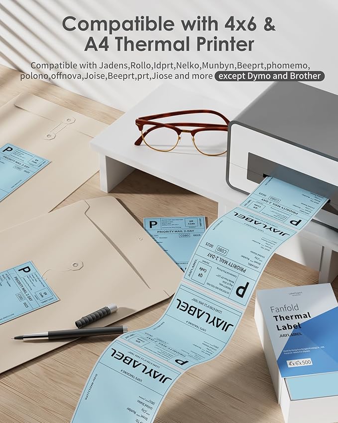 4x6 Thermal Shipping Label Mailing Postage Stickers Paper for Direct Thermal Label Printer USPS UPS Address Big Packing Fanfold Blue Color 500 Labels/Stack,1 Stack