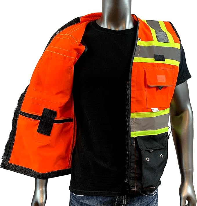 C Vest for Mens Safety Vest With Zipper and Utility Pockets Premium Black Series Surveyors Vest (Large, Orange/Black)