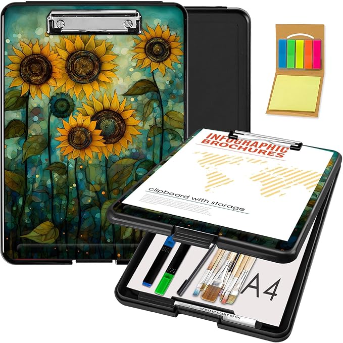 Clipboard with Storage,Office Supplies Nursing Clipboards Folder with Pen Holder Plastic Foldable Clip Board with Storage for Nurse Teacher,Art Sunflowers