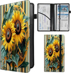 Car Registration and Insurance Card Holder - Sunflowers　strips Leather Document Organizer & Bifold wallet for License, Insurance Cards | Fits Vehicle Glove Box & Visor