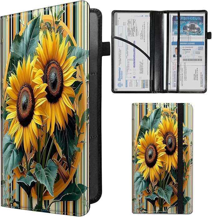 Car Registration and Insurance Card Holder - Sunflowers　strips Leather Document Organizer & Bifold wallet for License, Insurance Cards | Fits Vehicle Glove Box & Visor