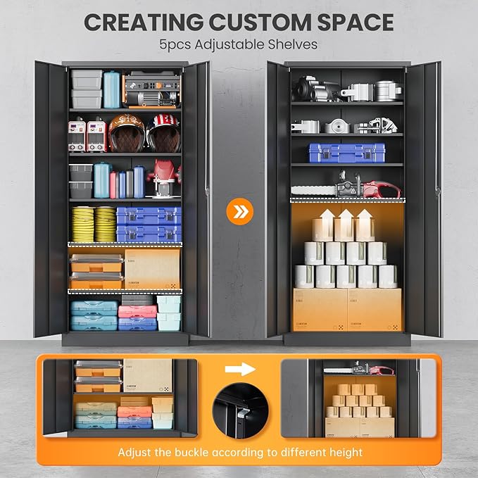 Metal Garage Storage Cabinets with Lock, 72" Tall Tool Cabinet with 2 Door and 5 Adjustable Shelves, Locking Garage Cabinets and Lockable Steel Locker for Home Office Warehouse - (Black-72”H)