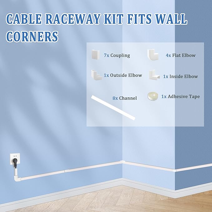 Small Wire Covers on Wall - One Cord Channel Cable Management System - Cable Cover on Wall for Home and Office, 8-Pack 125 inch, White