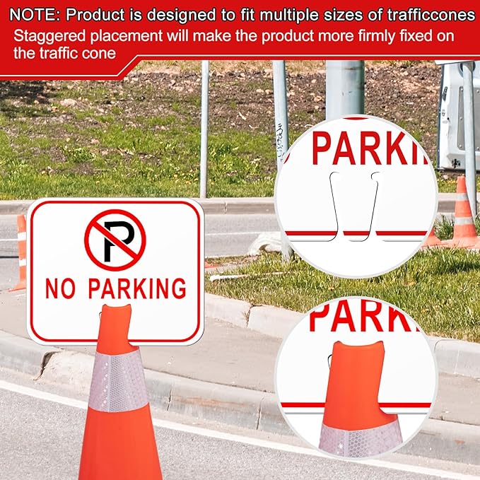 Geetery 6 Pcs No Parking Signs Traffic Cone, 12.6 x 10.43 Inches Plastic Traffic Cone Top Warning Sign for Road Barricade Outdoor Construction Waterproof