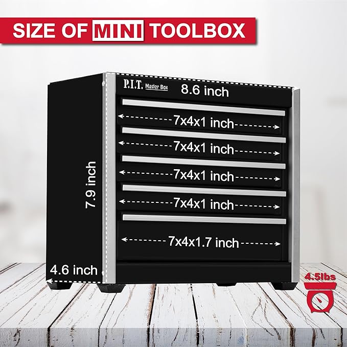 P.I.T. Mini Black Tool Box, Portable 5-Drawer Micro Roll Cab Steel Stackable Tool Box with Liner, Black Small Tool Case for Tools Storage and Organizers, Home DIY