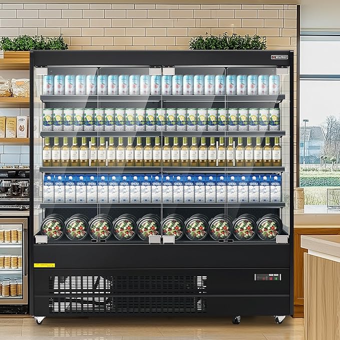 WILPREP Commercial Display Refrigerator, 76" Open Air Merchandiser with 46.9 cu. ft. Volume LED Lighting Night Curtain, Grab and Go Display Refrigerator Showcase for Store Cafe Bar Shop