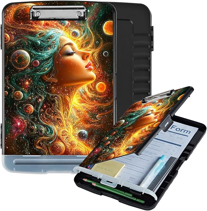 Clipboard with Storage Box & Pen Holder,Heavy Duty Clip Boards 8.5x11 for Nursing,High Capacity,School & Office Supplies,Cosmic Dream