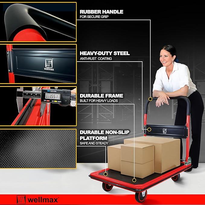 Push Cart Dolly by Wellmax, Moving Platform Hand Truck, Foldable for Easy Storage and 360 Degree Swivel Wheels with 660lb Weight Capacity, Red Color