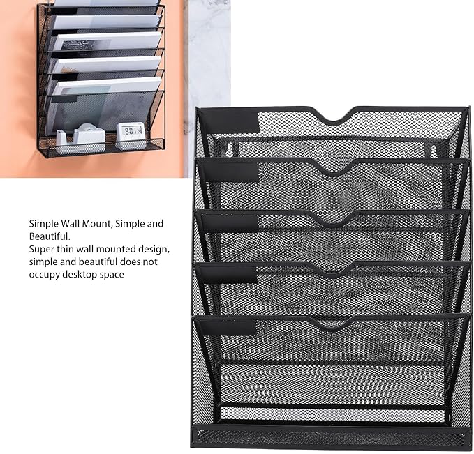 Walfront Hanging Wall File Holder 6 Tier Metal Hanging Wall Mount File Organizer for Home and Office Vertical Folder Rack with 5 Pockets Bottom Slot Grooves Tray Label Slot Easy Setup