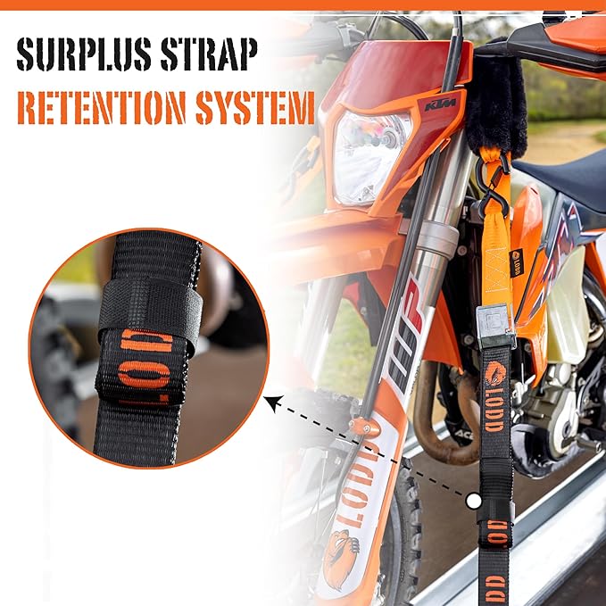 LODD - Motorcycle Tie Down Straps with Heavy-Duty Buckles, Fur Protection, Steel Carabiner, Reinforced Buckle | 2,400 lbs, 1.5" | Trailer Securing for Dirt Bike, Enduro, Trial, Quad, Trail