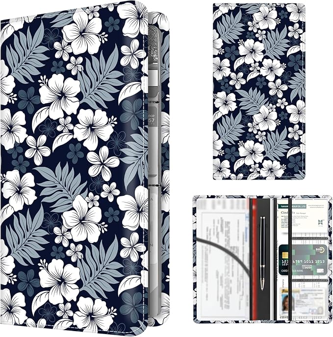 Premium Car Registration and Insurance Card Holder, Cute PU Leather Car Document Holder, Vehicle Glove Box Car Organizer with Magnetic Closure for Driver License, Cards Navy Tropical Hibiscus