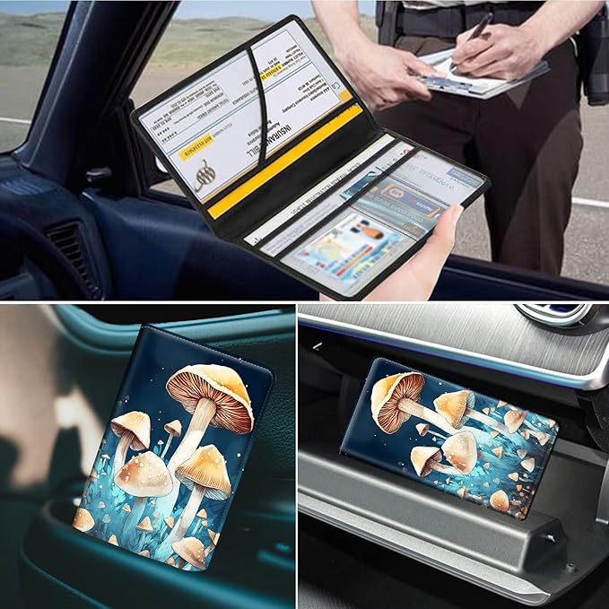 Car Registration and Insurance Holder, Leather Car Glove Box Organizer, Cool Car Accessories for ID, Driver's License Cards & Essential Document,business cards,Men&Women,Mushroom Blue