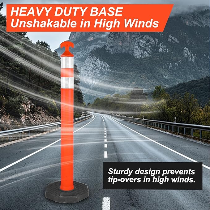 42" Traffic Delineator Posts,6 Pack Orange Safety Cones with Reflective Collars and Weighted Base for Road Safety, Parking Lots
