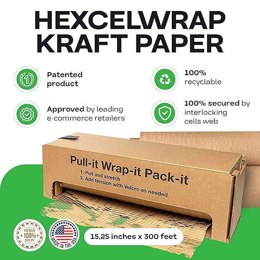 IDL Packaging HexcelWrap Cushioning Kraft Paper 15.25" x 300' in Self-Dispensed Box – Brown Eco-Friendly Honeycomb Alternative to Bubble Wrap – Innovative Packing Paper Roll for Shipping and Moving