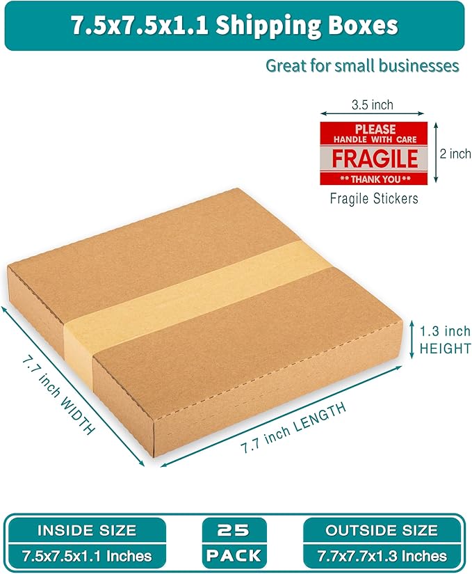 7" 45 RPM Vinyl Record Mailers 7.5"L x 7.5"W x 1.1"H Kraft Corrugated Album Mailing Boxes for Small Business Packaging Shipping Moving Storage, with Fragile Stickers, 25 Pack