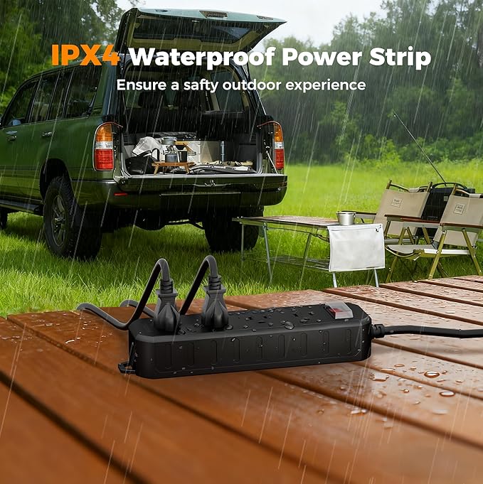 Outdoor Power Strip Weatherproof, TESSAN 50FT Long Extension Cord Waterproof with 4 Outlets 1 Switch (1250W), Surge Protector 1700J, Wall Mountable for Home Office and Patio Christmas Lights, Black