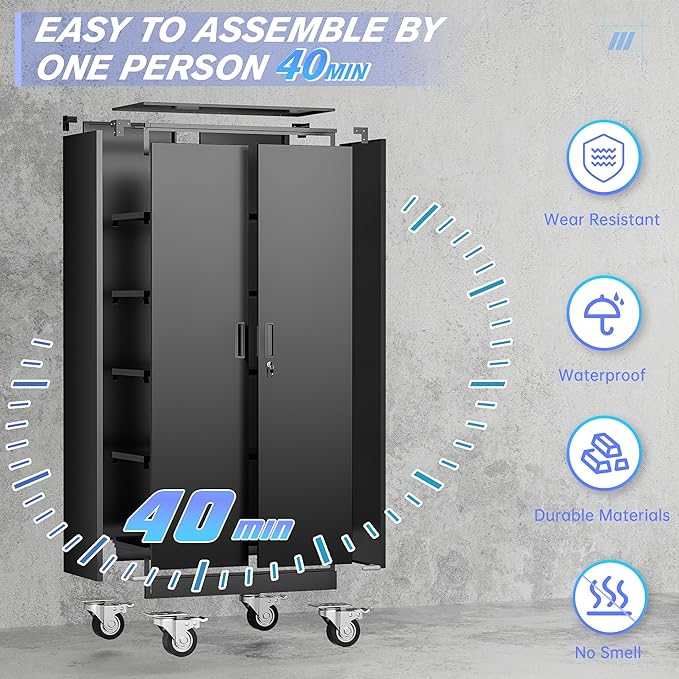 Superday Garage Storage Cabinet with Wheels，73" H Metal Storage Cabinet with Doors and Adjustable Shelves, Lockable Steel Utility Tool Cabinets for Garage, Home Office, Kitchen(Black)