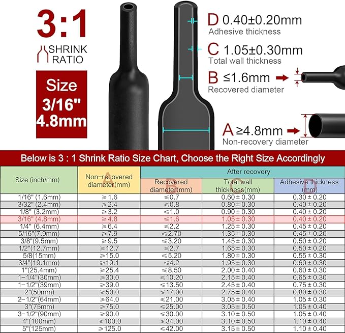 Chanzon 3:1 Ratio 3/16" (4.8mm) Heat Shrink Tubing - Marine Grade Waterproof Adhesive Lined - 8Ft Roll (2.5M Total Length) Black Polyolefin Sleeving Wrap Shrinking 3 to 1 Ratio 1pcs