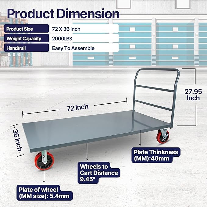 Flatbed Platform Cart Industrial Dolly – Heavy Duty 72” x 36” Hand Push Truck, Super Heavy Duty Flatbed with 2000Lb Capacity & 8'' Swivel Locking Wheels for Commercial Moving