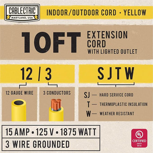 10 Ft Outdoor Extension Cord - 12/3 SJTW Heavy Duty Yellow 12 Gauge Lighted Electrical Cable with 3 Prong Grounded Plug