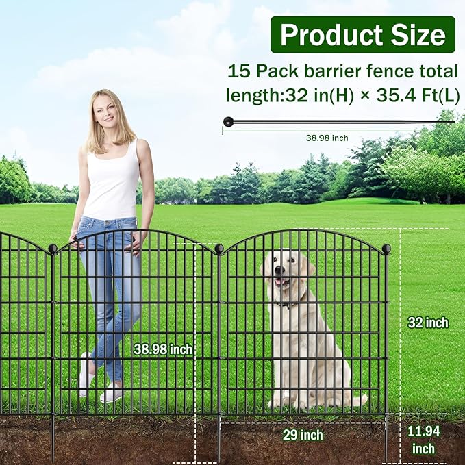 15 Panels Decorative Garden Fence with Gate - 32 in (H) x 35.4 ft (L) No Dig Dog Fence Outdoor for Yard, Rustproof Tall Garden Fencecing Panels, Animal Barrier Suitable for Yard Border, Patio