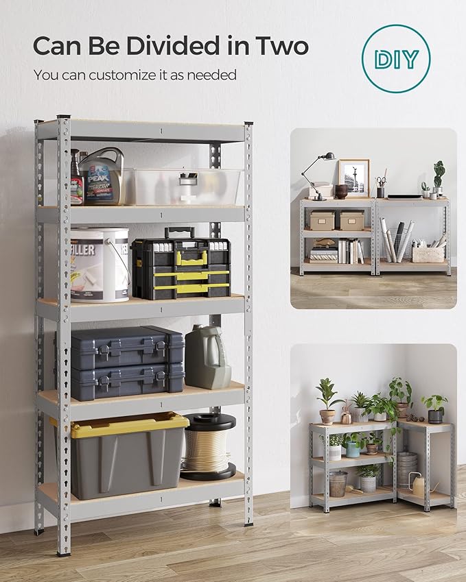 SONGMICS 5-Tier Storage Shelves, Load 2310 lb, Garage Storage, Boltless Assembly, Adjustable Shelving Unit, 11.8 x 29.5 x 59.1 Inches, for Study Shed Basement, Silver and Natural Beige UGLR300E01